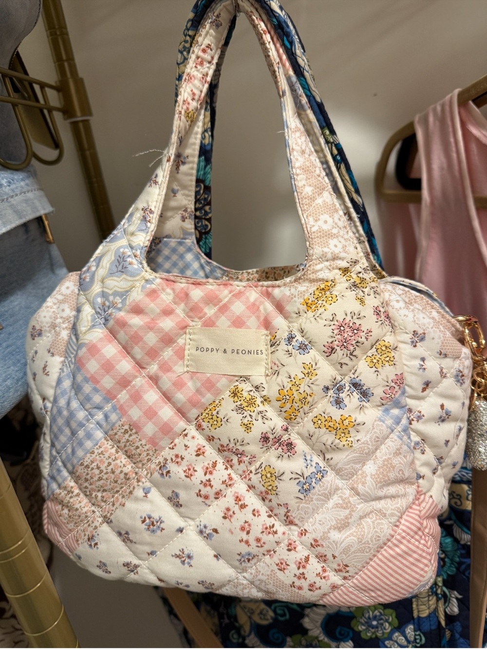 Poppy & Peonies Quilted Patchwork pick me up Tote - Pink, Blue, Cream, Yellow